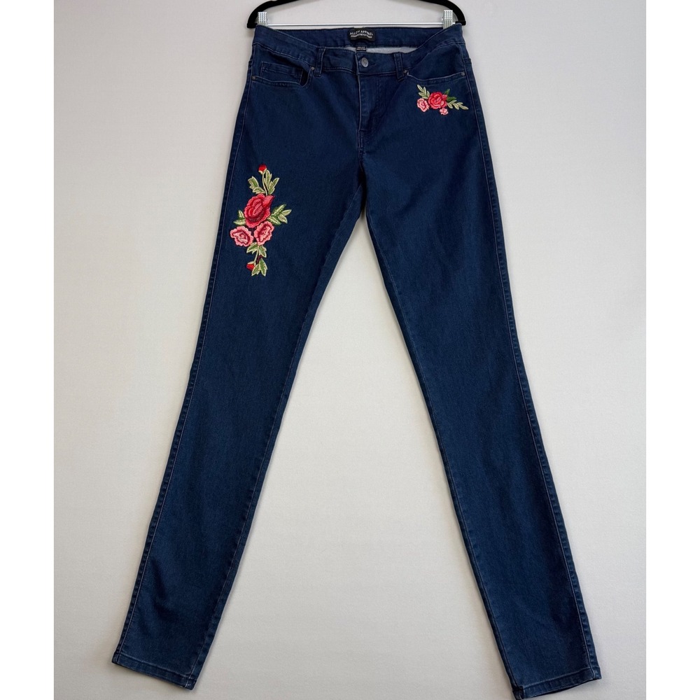 Tall Skinny Jeans Embroidered Denim Dark Wash Stretch Floral Rose Romantic 28x37